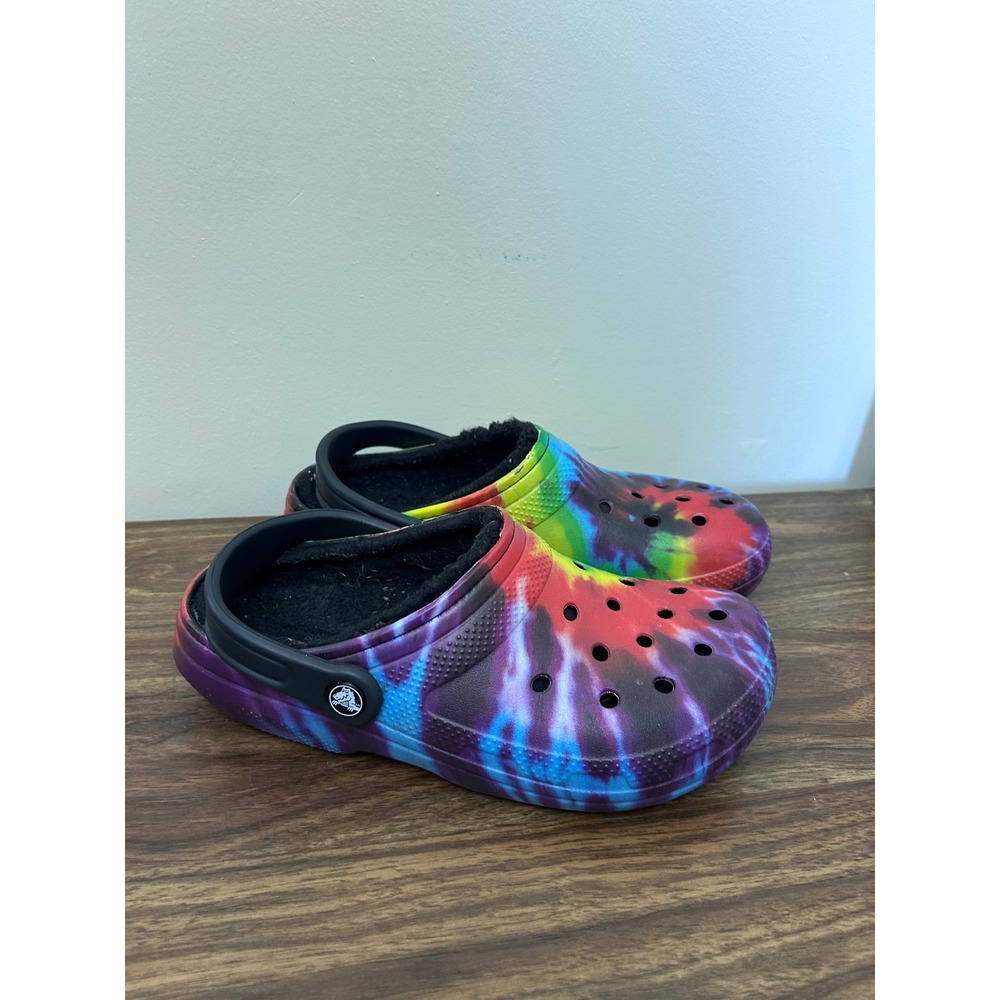 Crocs Classic Lined Clog Tie-Dye Rainbow Black Fleece Fur Mens 5 Womens 7